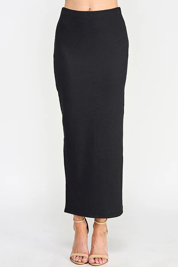Textured Jacquard Rib Maxi Skirt with Side Slit (S, Black)