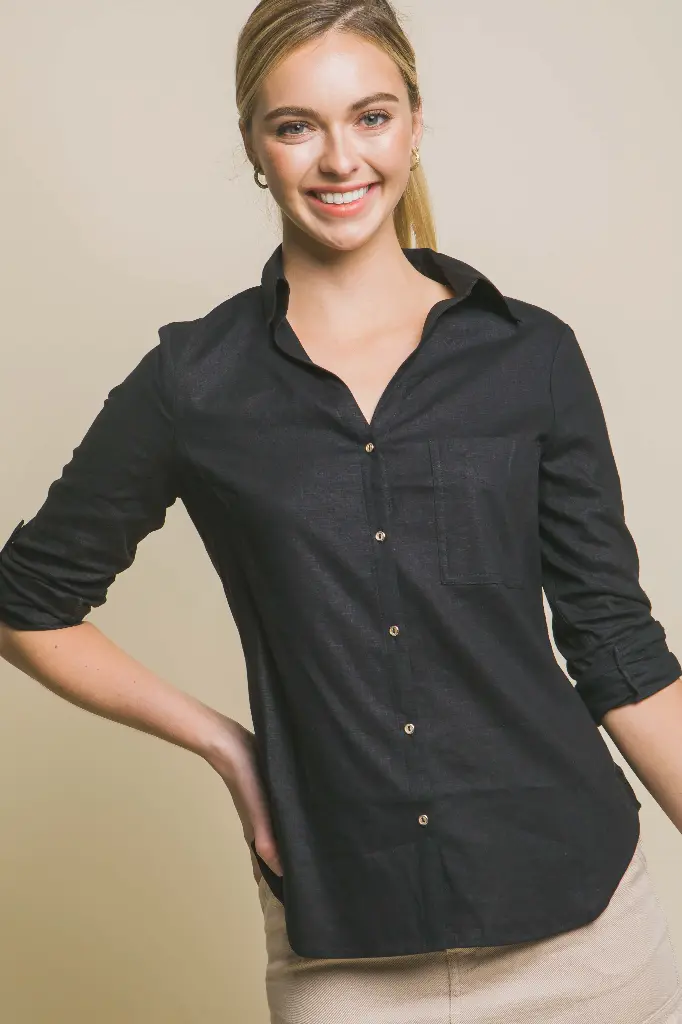 Linen Button Down V-Neck Cuffed Basic Shirt