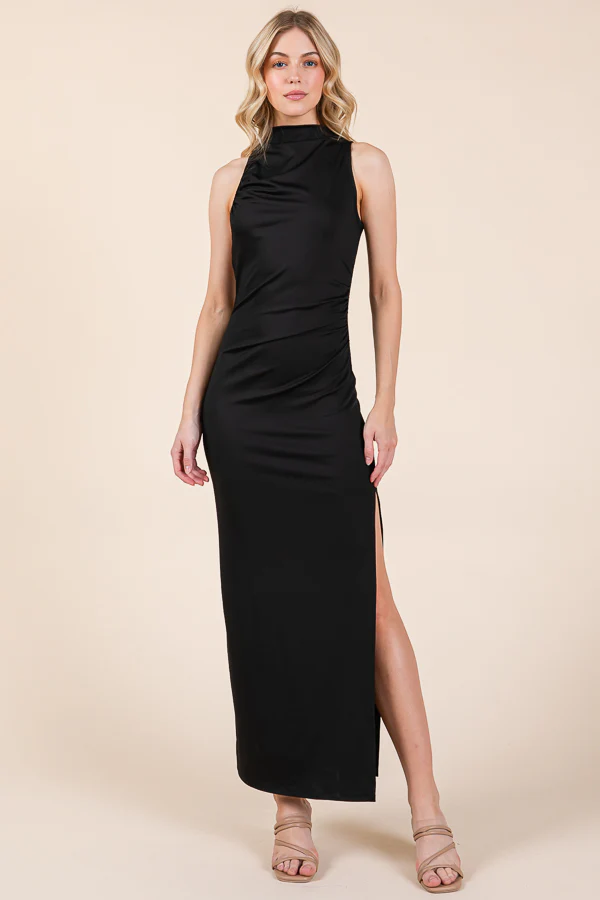 Back Cut Out Side Shirring Side Deep Slit Maxi Dress