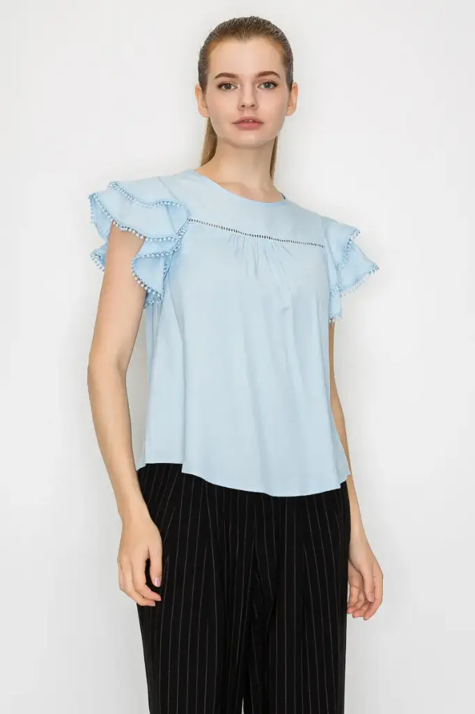 Crew Neck Eyelet Ruffled Top