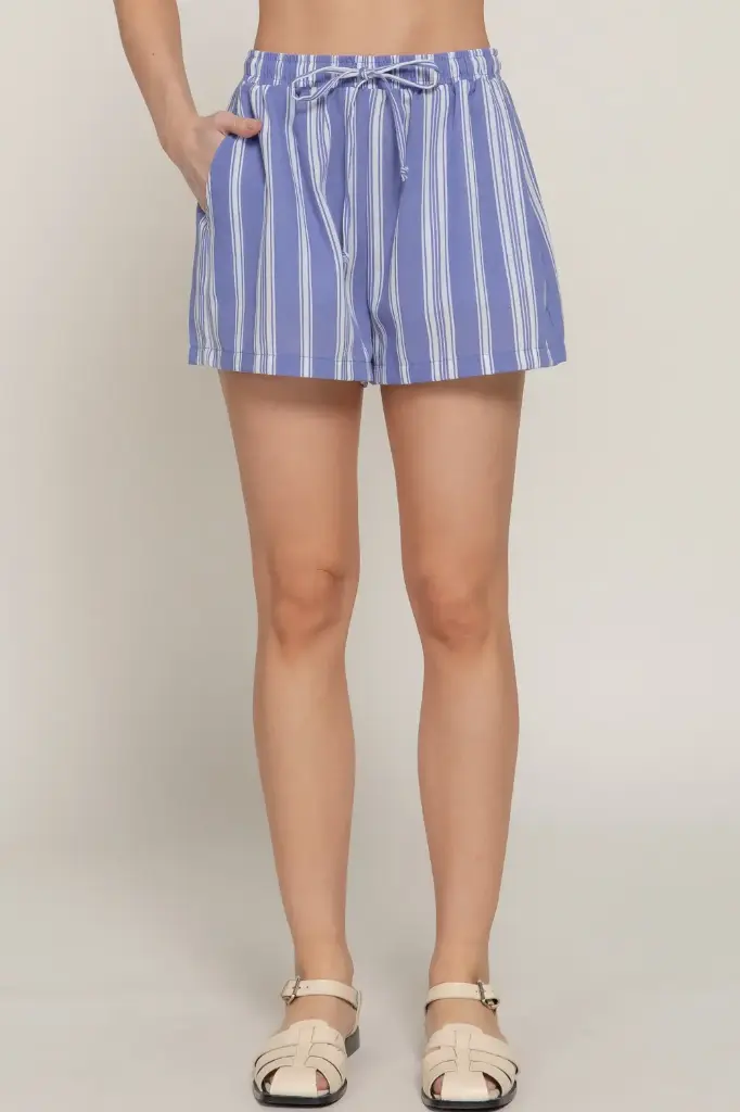 Short de Rayas tipo Lino con Cordón (S, Blue Denim)