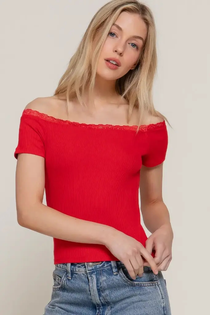 Top de Hombros Descubiertos con Orilla de Encaje (S, Red)