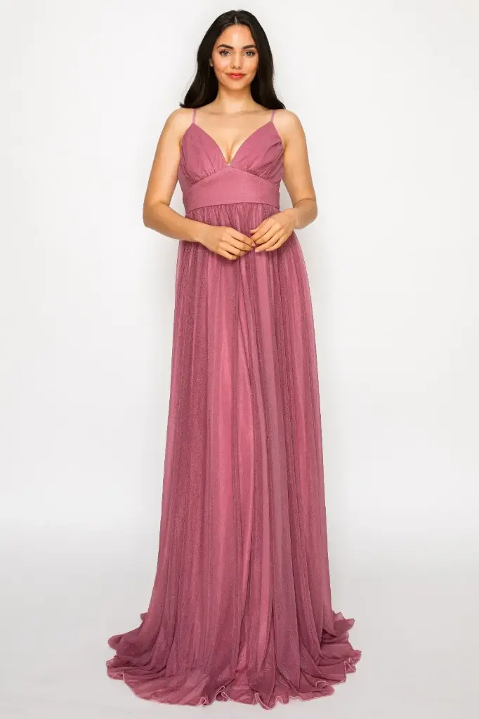 FSWD8140MA Vestido Largo Malva de Tul con Escote en V