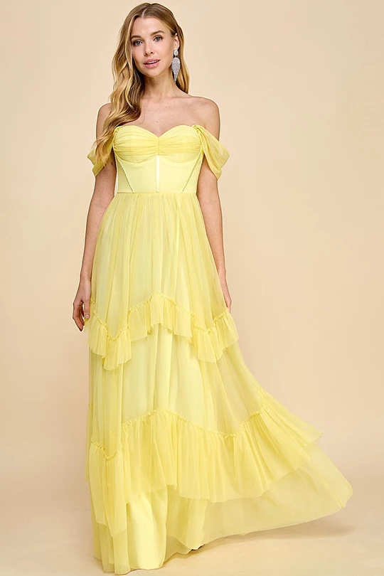 MF21982 Tulle Maxi Dress with Bare Shoulders