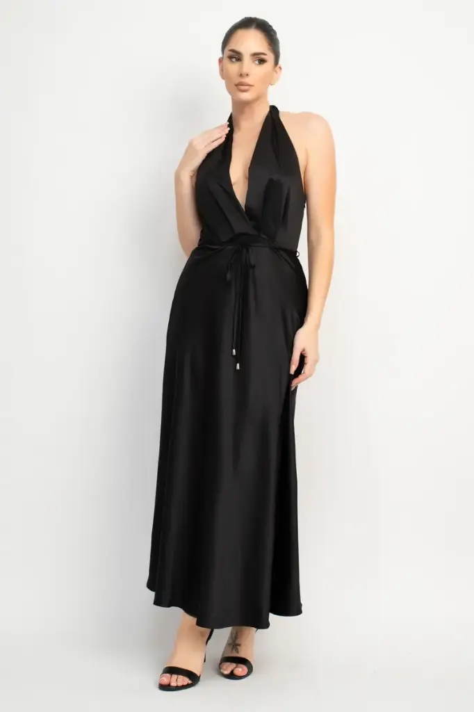HMD14130 Halter Maxi Dress with a Deep Neckline