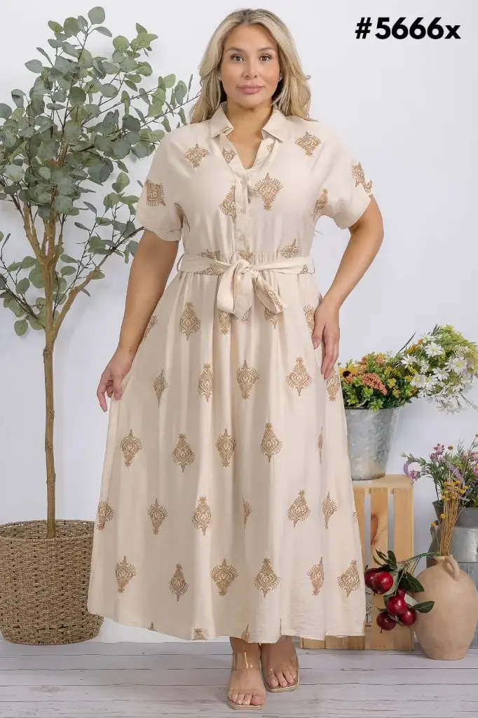 5666X Midi Dress with Tonal Embroidery