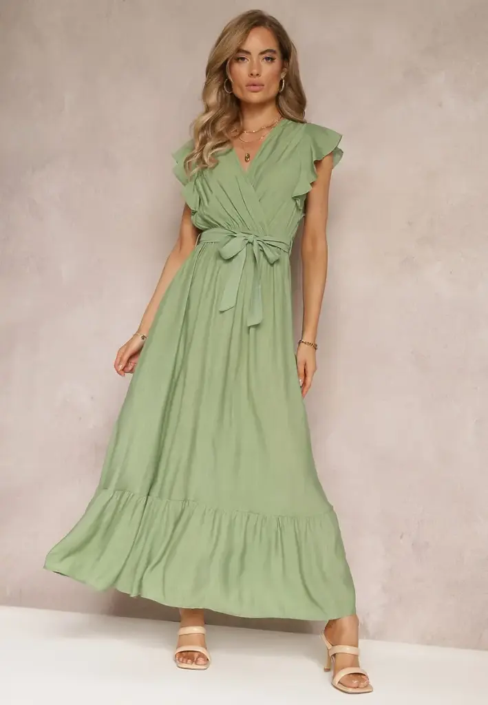 YS611 Vestido Midi Cruzado con Manga Corta