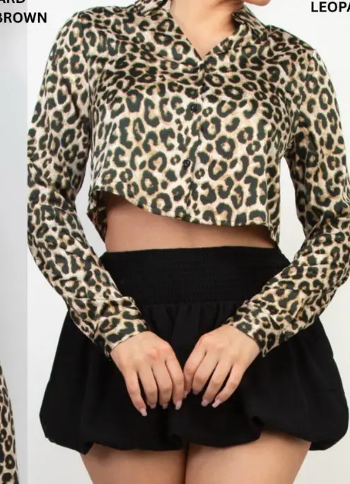 HMT57106 Leopard Print Crop Top with Long Sleeves