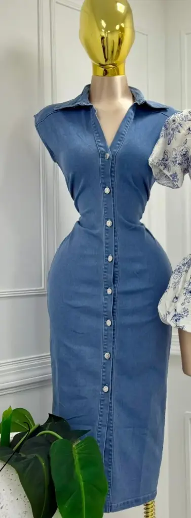 HMD14356A Fitted Denim Mini Dress with Front Buttons