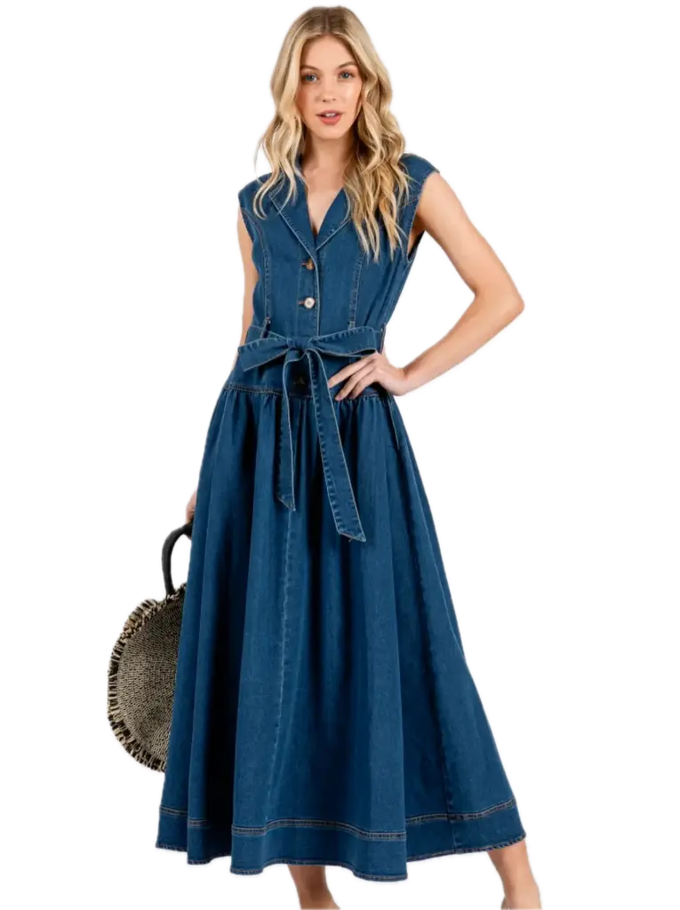 HD3133 Sleeveless Denim Maxi Dress with Buttons