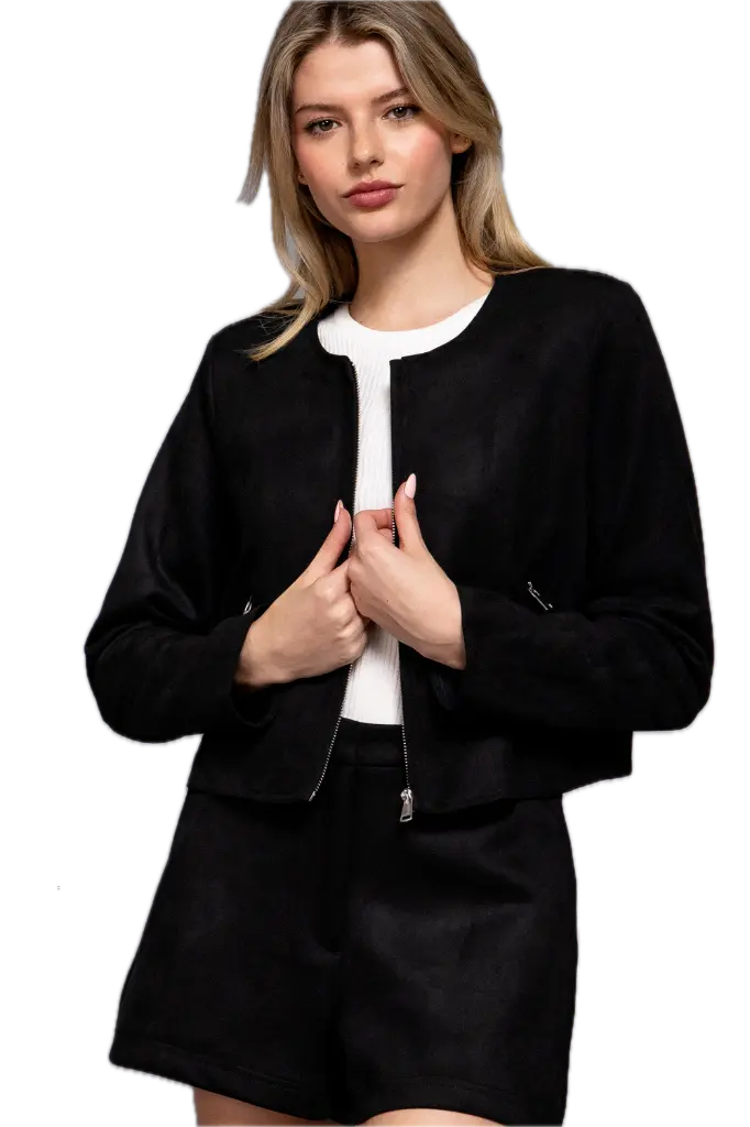 J14660 Long Slv Faux Suede Zip Up Jacket (S, Black)