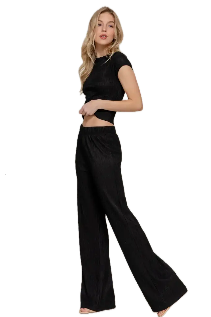 SET74434 Conjunto de Satín con Top Corto (XL, Black)