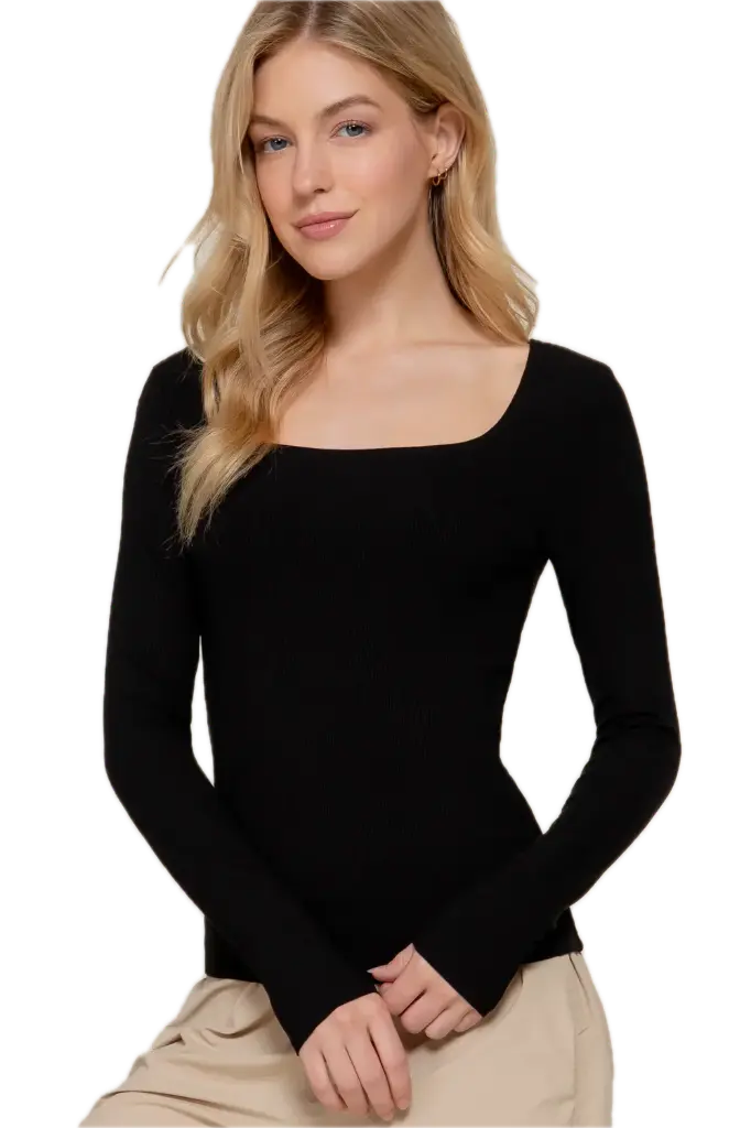 T14021 Top de Manga Larga con Escote Cuadrado (S, Black)