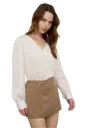 TB8657 Textured Satin V Neck Long Sleeve Button Down Top