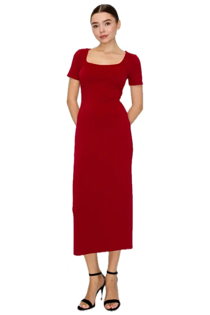 BD05573 Vestido Midi de Manga Corta (Wine, S)