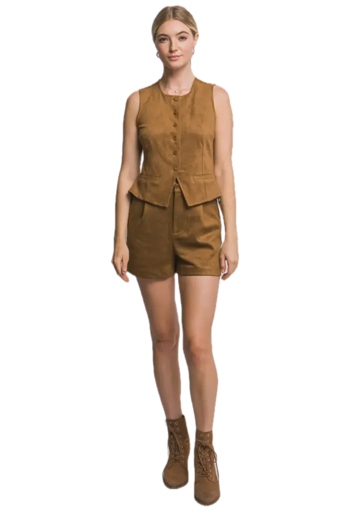 5200VN Button-Up Suede Vest Top (S, Camel)