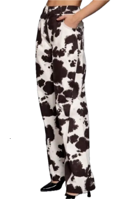 P14755 Cow Printed Cotton Twill Wide Long Pants (S)