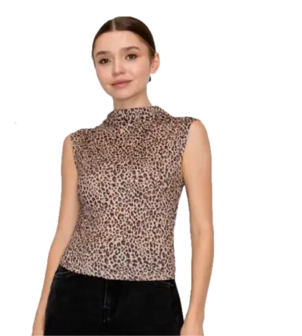 BT04079-1374 Leopard Print Mock-neck Sleeveless Top