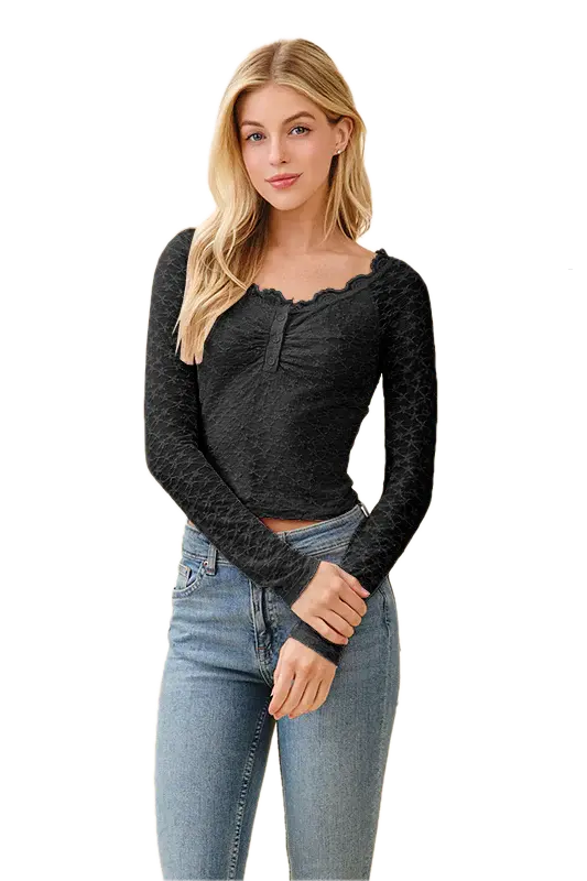 LT55868LA Blusa de Encaje con Escote Redondo (S, Black)
