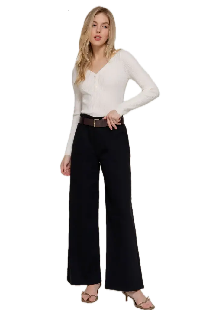 P14345 Belted Relaxed Leg Twill Stretch Pants