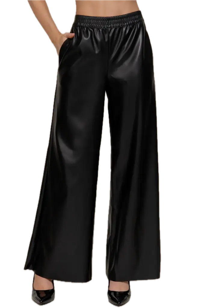 P14633 Straight Faux Leather Long Pants (S, Black)