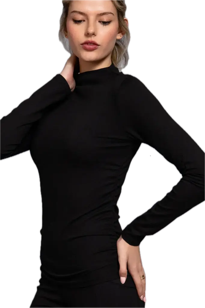 T14778 Long Slv High Neck Ruched Workout Top