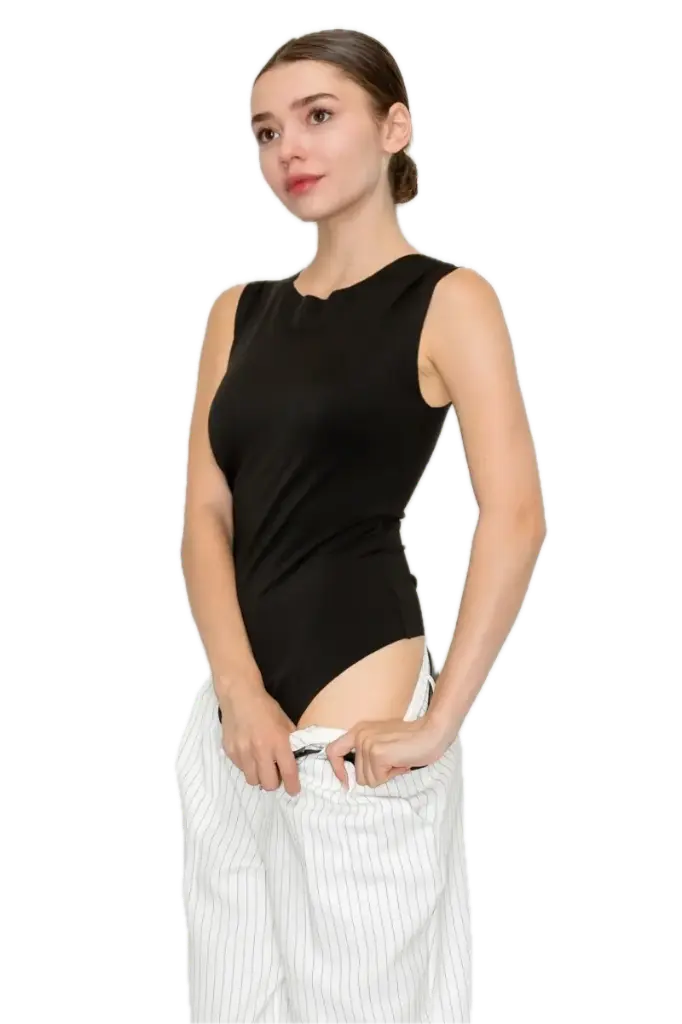 IT93340 Sleeveless Shirred Round Neck Bodysuit (Black, S)