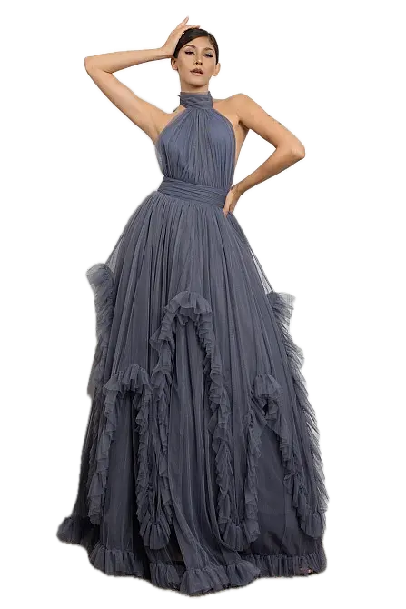 RVD6579 Halter Neck Open Back Ruffle Maxi Dress