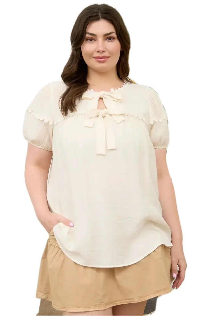 PTB8955 Plus Scallop Trim Front Tie Detail Puff Sleeve Top