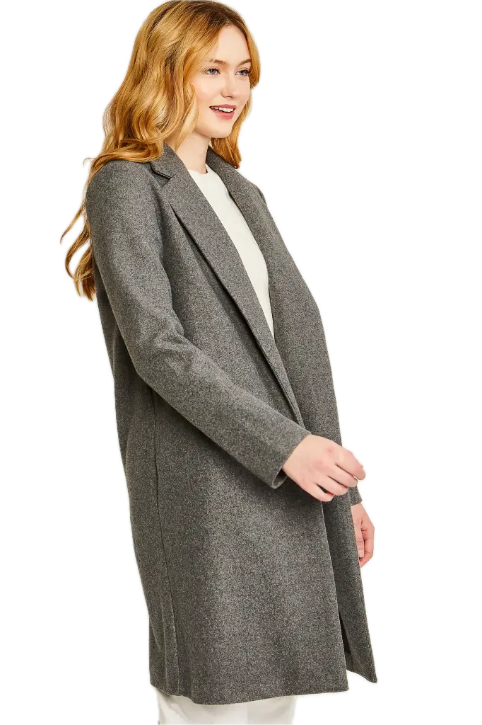 J8195 Long Line Fleece Open Coat (S, Grey)