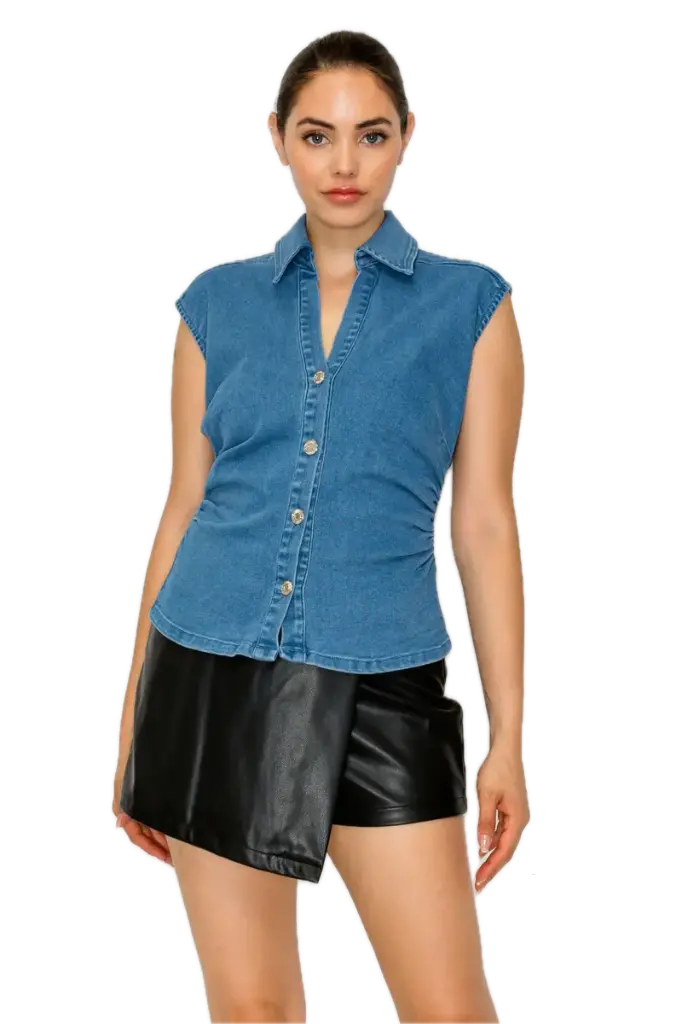 HMT57415 Cinched Waist Sleeveless Denim Shirt
