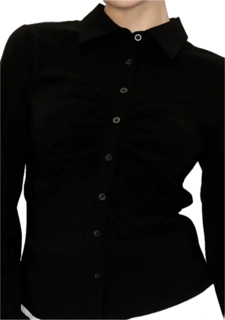 IT93019 Ruched Detailed Button-Down Shirt Top (S, Black)
