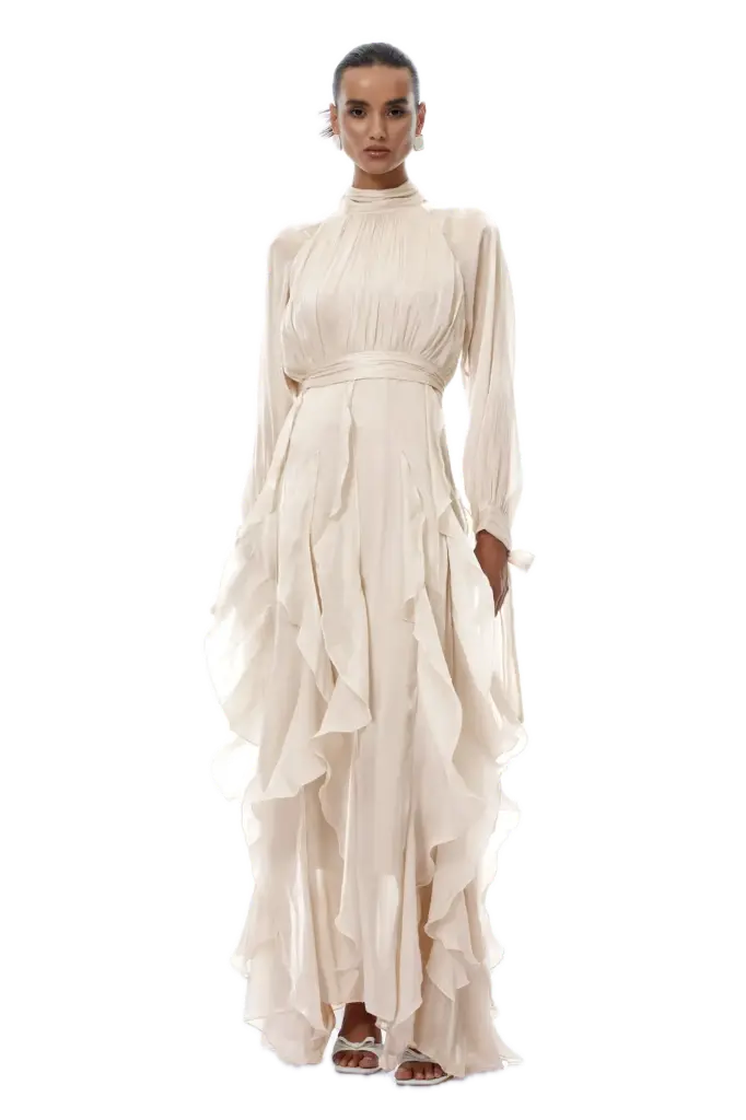 YR215 Vestido Largo Metálico con Olanes