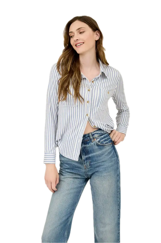 CR2377 Stripe Collared Long Sleeve Button Down Shirt (S)
