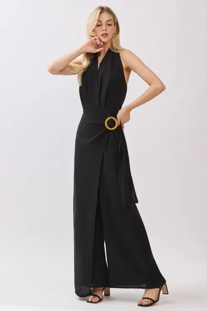 HR3254 Women Woven Solid Sleeveless Wrap Halter Jump-suit (S)