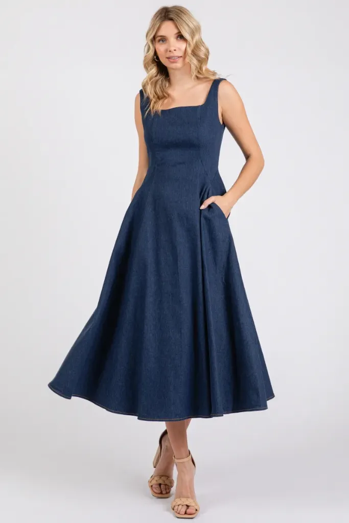 HD2952 Vestido Midi de Mezclilla con Escote Cuadrado