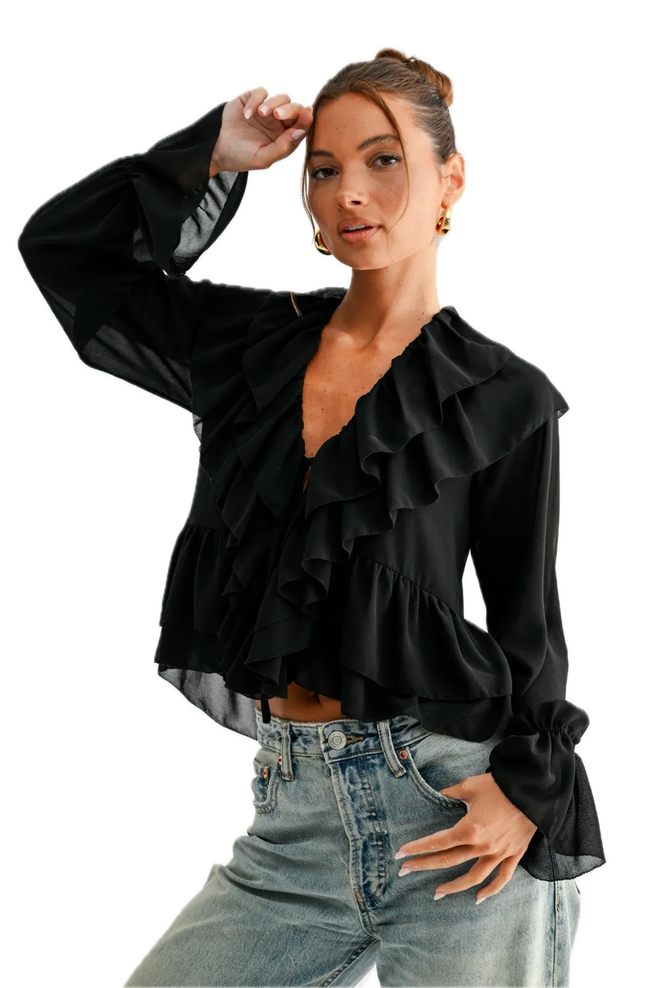 ET1377 Cascading Ruffle Tie-front Blouse