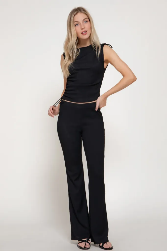SET14875 TEXTURE KNIT SLEEVELESS TOP & FLARE (Black, S)