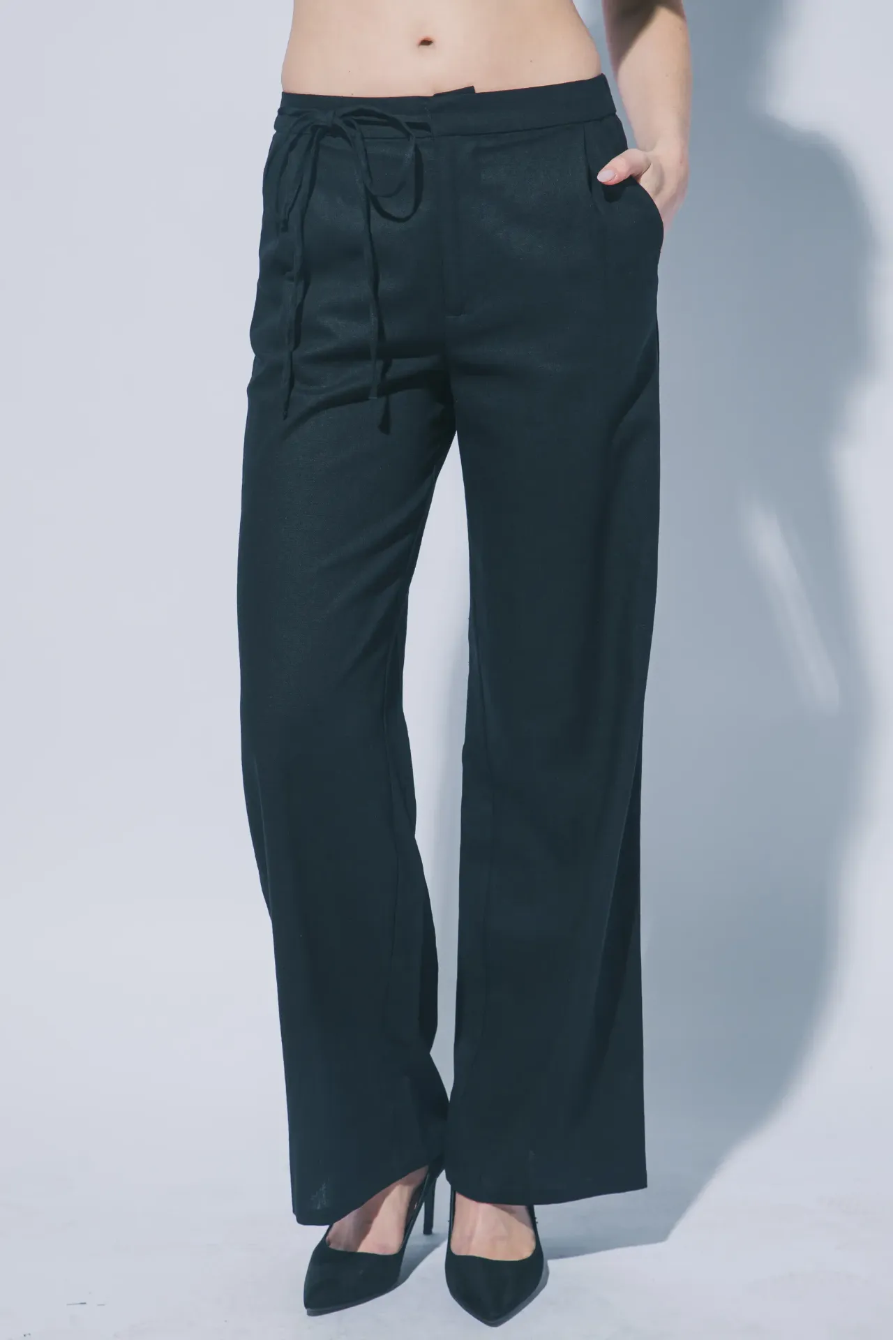 60111PL Pantalón de Lino de Pierna Amplia con Lazo (Black, S)