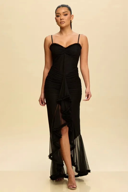 LD11408 Vestido Largo de Malla Fruncida con Olán (Black, S)
