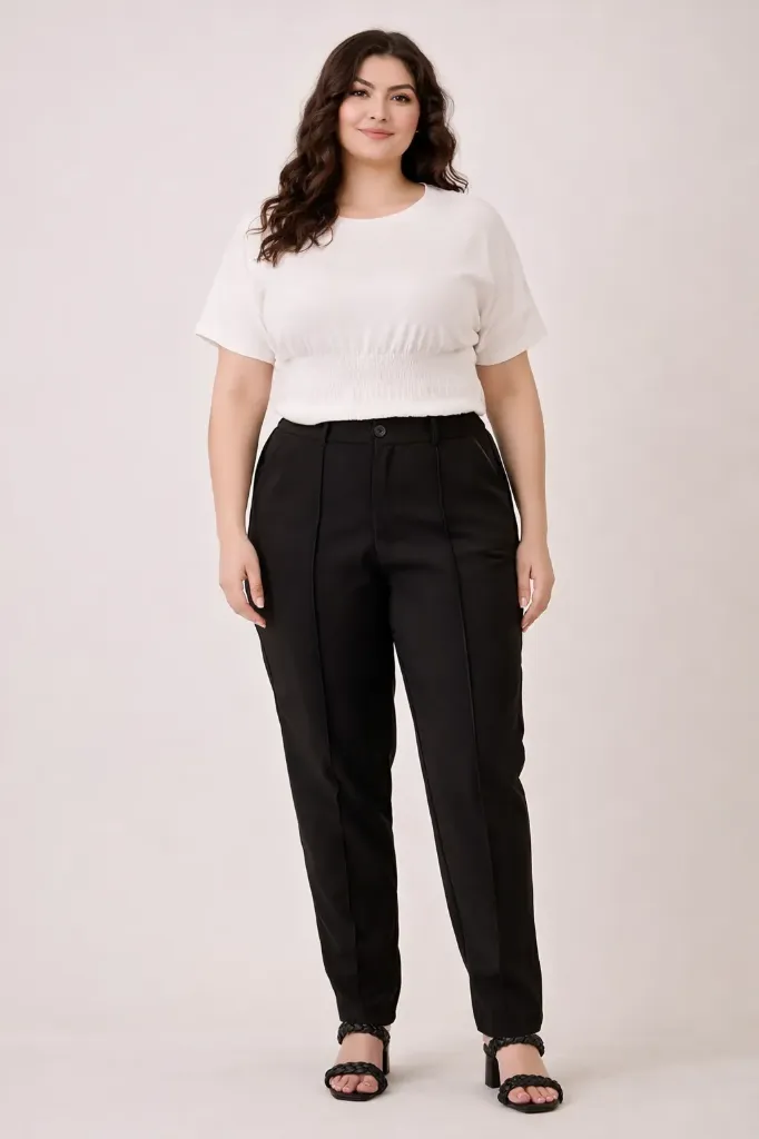 K115 Pantalón de Tiro Alto con Pinzas y Caída (Black, XL)