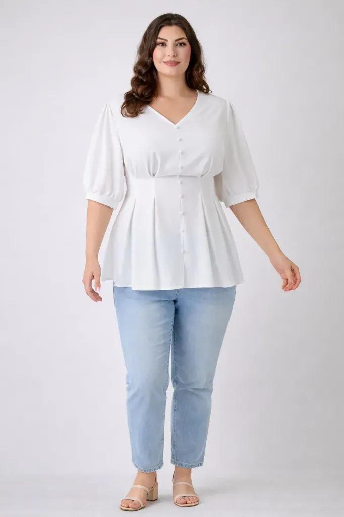 B313 Blusa de Manga Globo con Vuelo (White, XL)