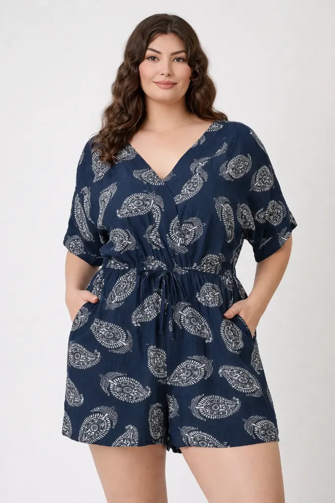 R306 Paisley Print Romper With Drawstring Waist (XL)