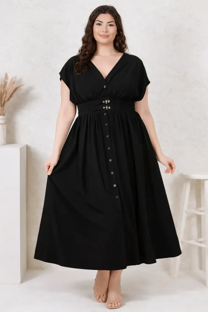 R205 Vestido Largo con Escote en V (Black, XL)