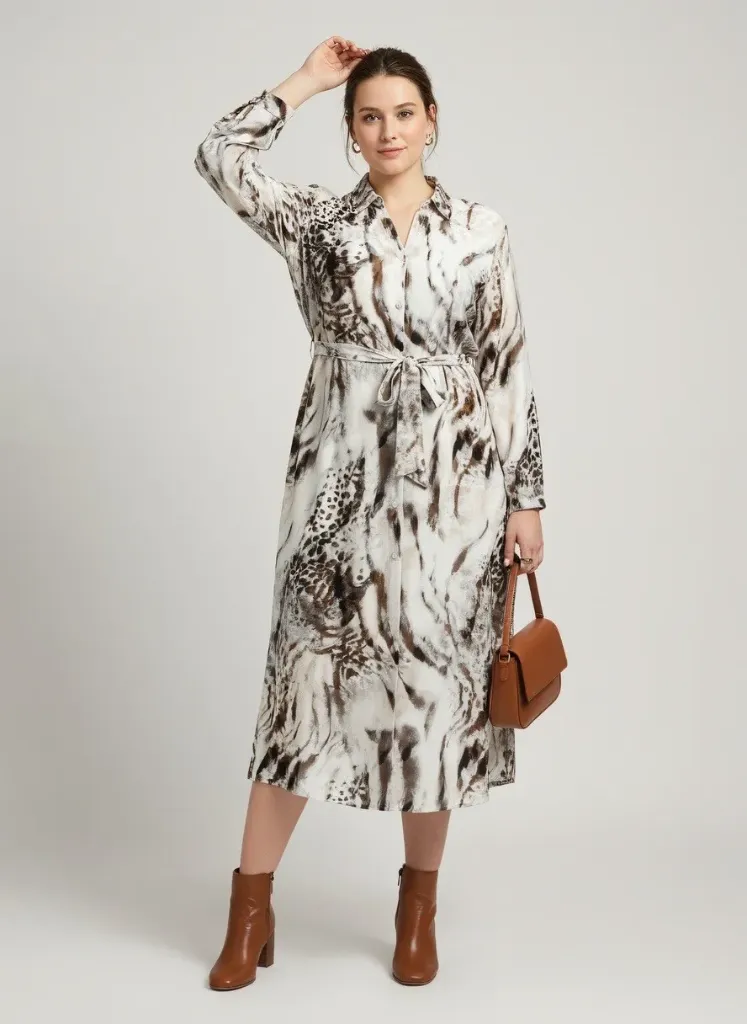 R387 Vestido Midi con Estampado Abstracto (XL)