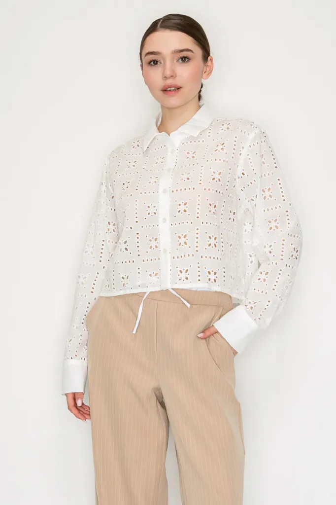 ST3020 Eyelet Collared Button-Down Shirt Top (White, S)