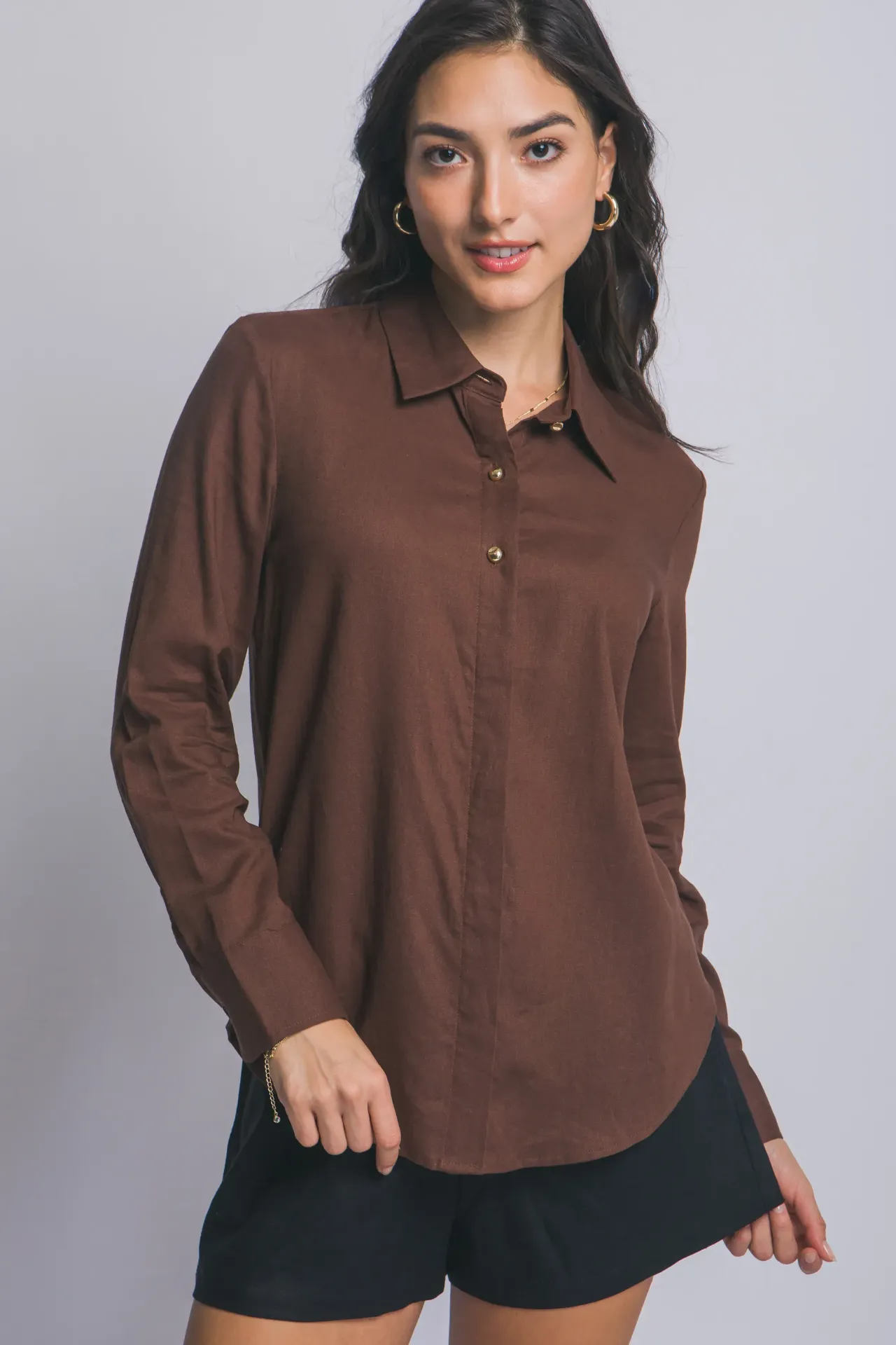 10395TN Camisa de Manga Larga con Botones (Brown, S)