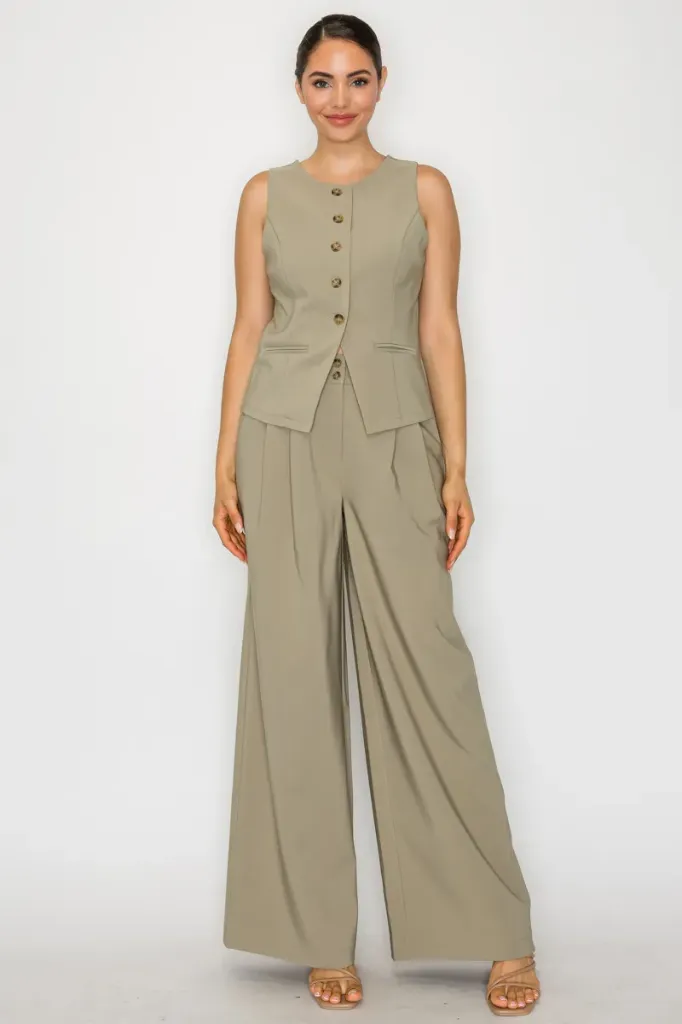 HMST0946 Two-piece Set with a Sleeveless Button-front (Olive, S)