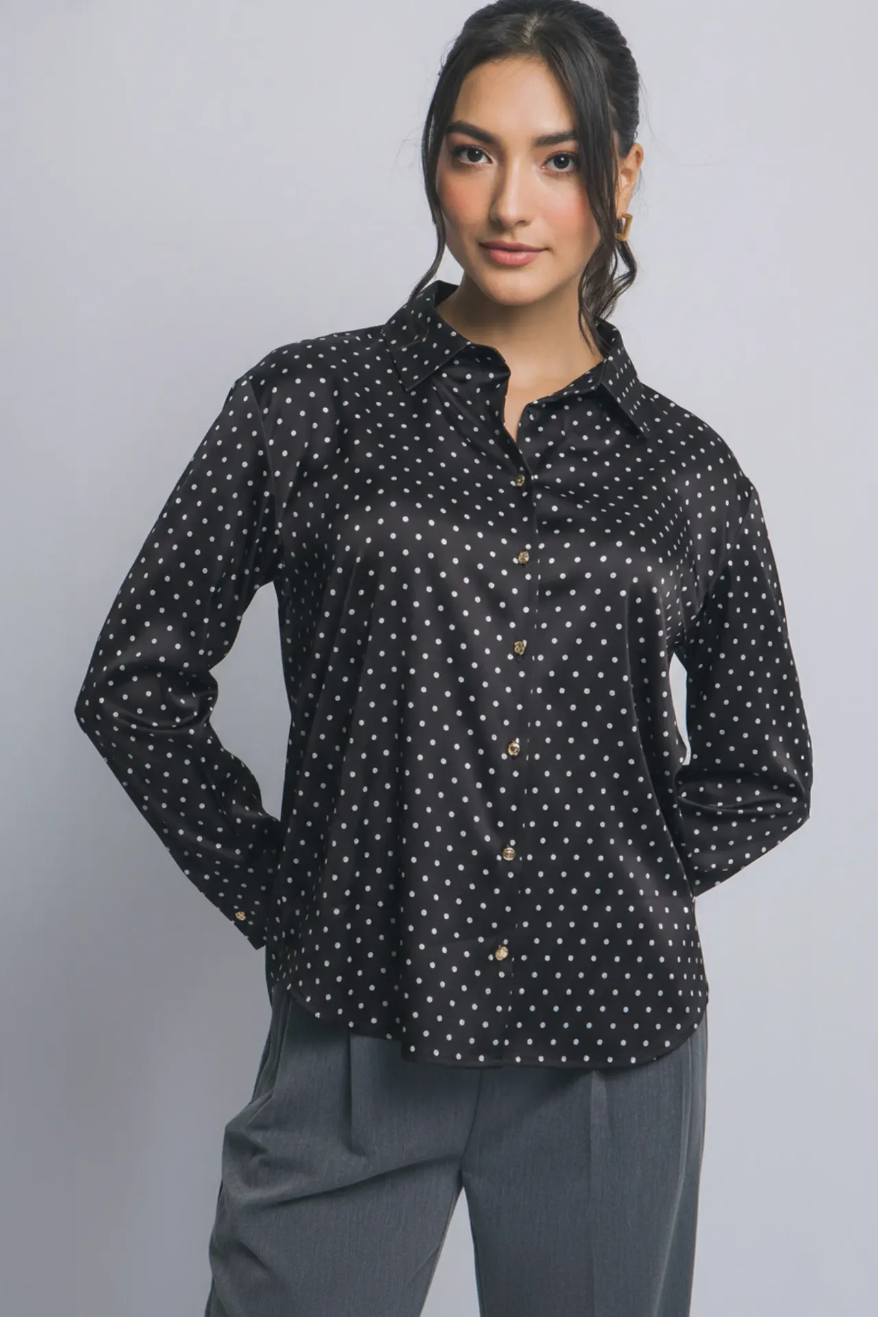 10451TN Camisa de Lunares Manga Larga (Black, S)
