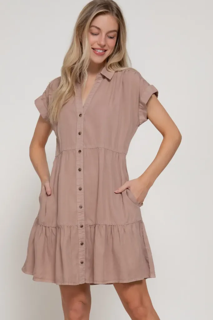 D14343 Vestido Mini de Manga Corta (Taupe, S)